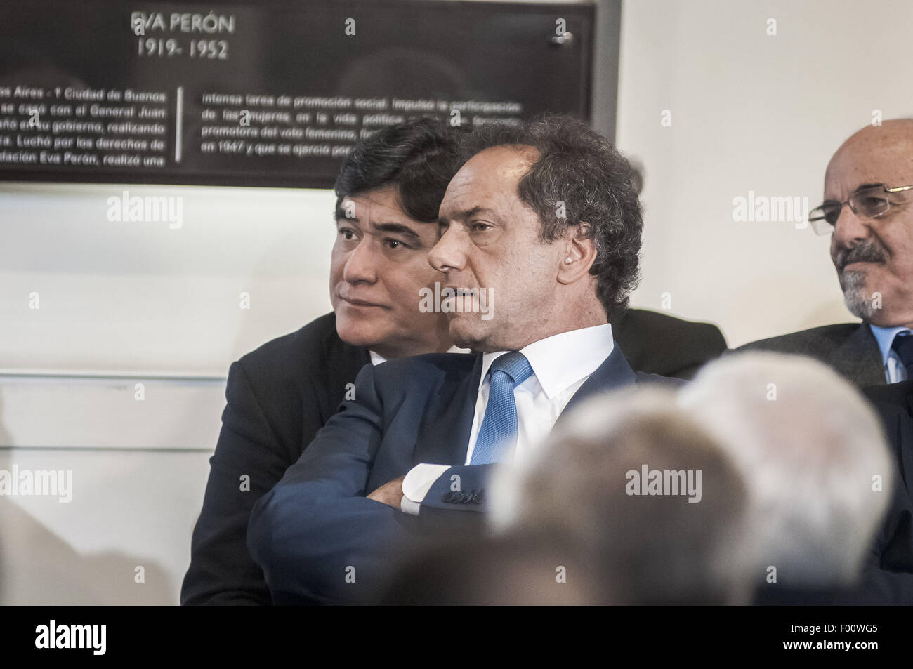 Buenos Aires, Buenos Aires, Argentina. 5th Aug, 2015. Vice President and President candidates Carlos Zannini and Daniel Scioli listen to President Cristina Fernandez Kirchner as she speaks from the Government House, announcing a 12.4 percent raise in minimum pensions. During the same speech, accompanied by Ministers and Governors, the President defended Chief of Cabinet Anibal Fernandez from allegations of drug trafficking made in a TV show, a week before the primary elections in which he runs for Governor of Buenos Aires. Credit:  Patricio Murphy/ZUMA Wire/Alamy Live News Stock Photo