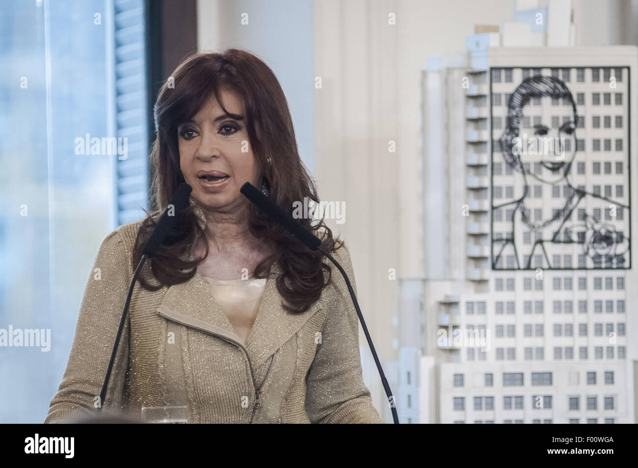 Buenos Aires, Buenos Aires, Argentina. 5th Aug, 2015. President Cristina Fernandez Kirchner speaks from the Government House, announcing a 12.4 percent raise in minimum pensions. During the same speech, accompanied by Ministers and Governors, the President defended Chief of Cabinet Anibal Fernandez from allegations of drug trafficking made in a TV show, a week before the primary elections in which he runs for Governor of Buenos Aires. Credit:  Patricio Murphy/ZUMA Wire/Alamy Live News Stock Photo