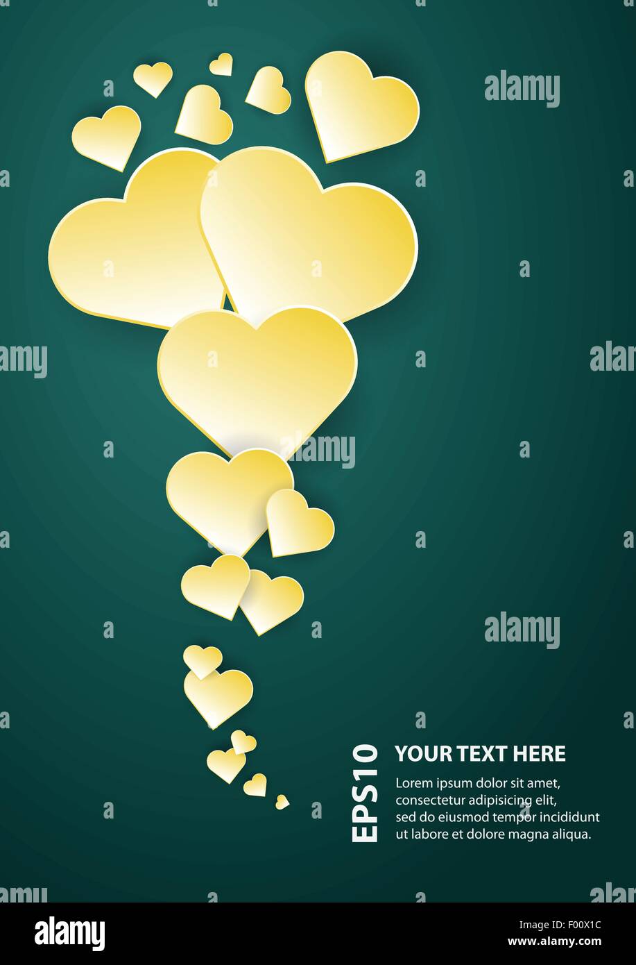 Abstract flying yellow hearts vector background template with place for text. Stock Vector