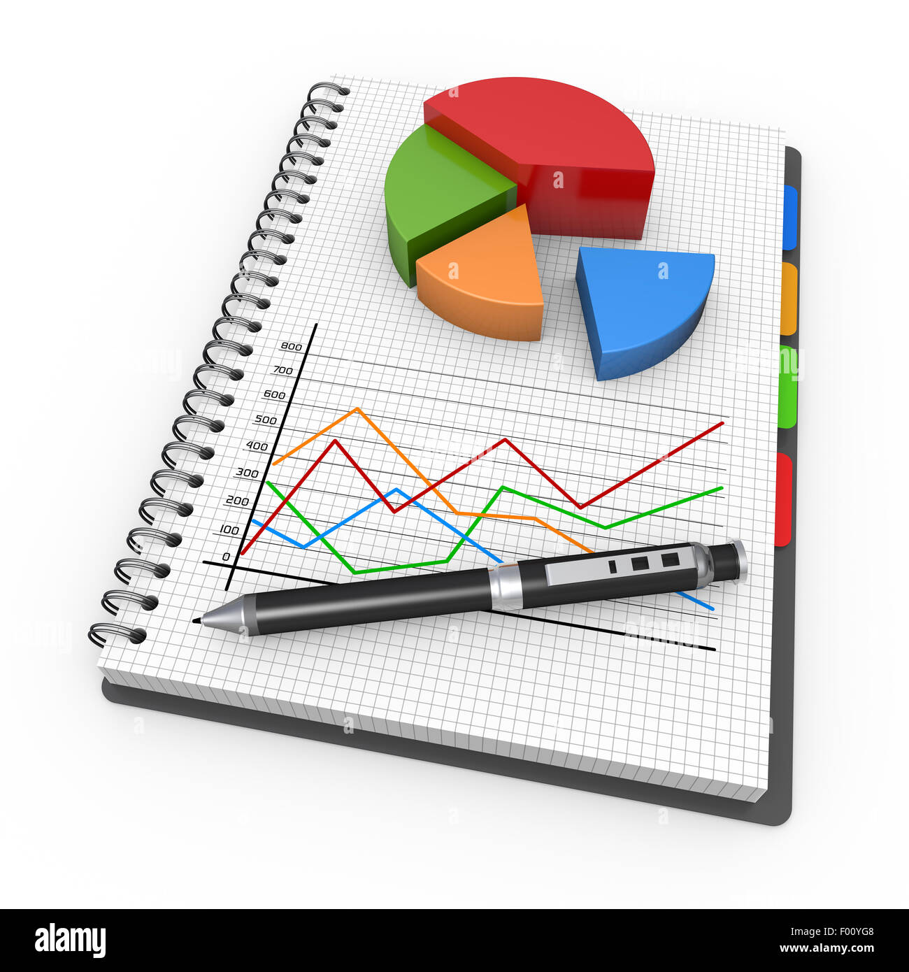 Spiral notebook with charts and graphs Stock Photo