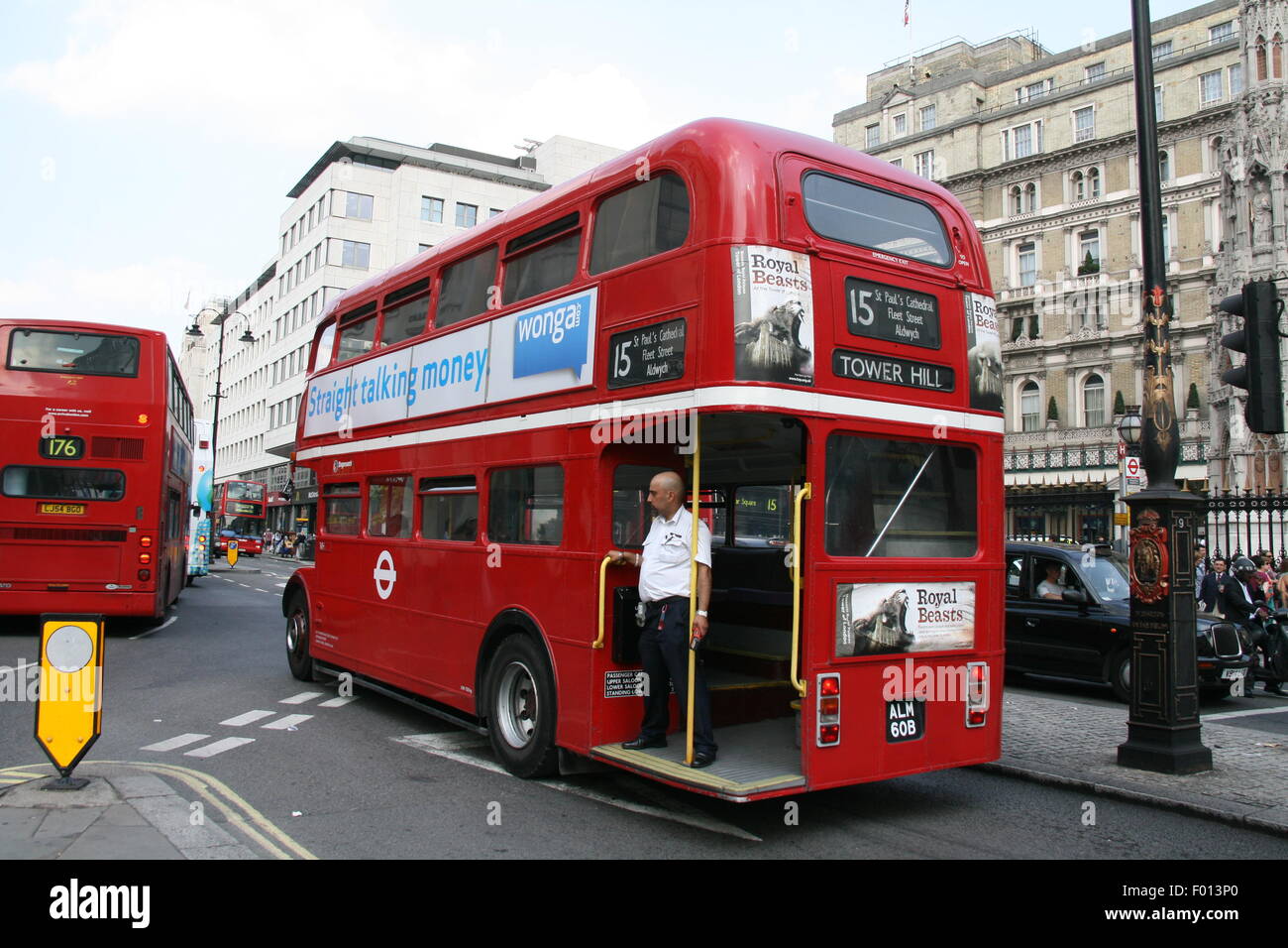 A REAR VIEW OF A VINTAGE RED LONDON ROUTEMASTER BUS ON HERITAGE ROUTE 15 AT CHARING CROSS RUN BY STAGECOACH Stock Photo