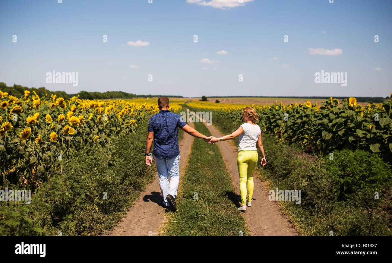 Rear view of couple holding hands walking in summer countryside Stock Photo