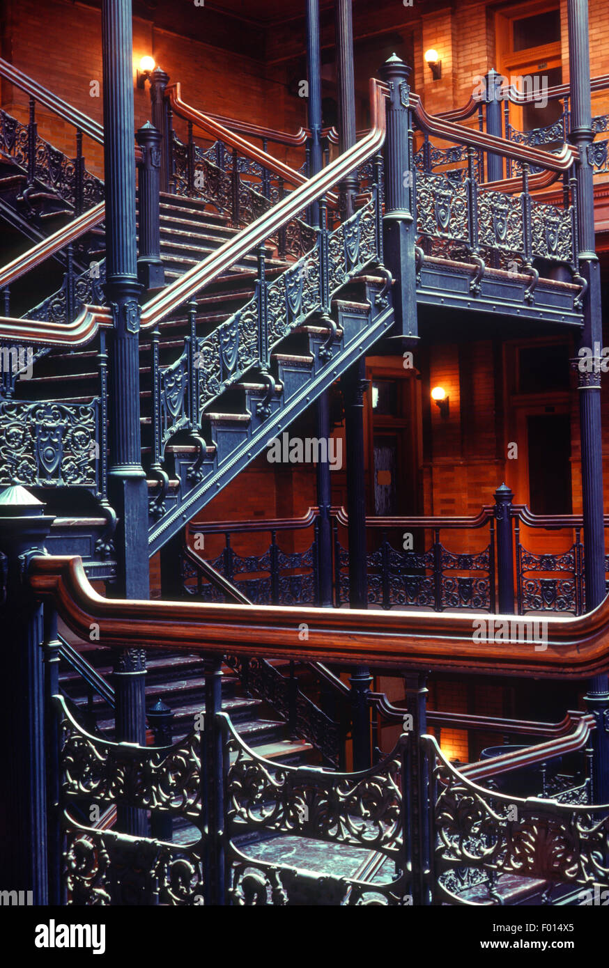 cast iron stairways in atrium of Bradbury Building, Los Angeles, California Stock Photo