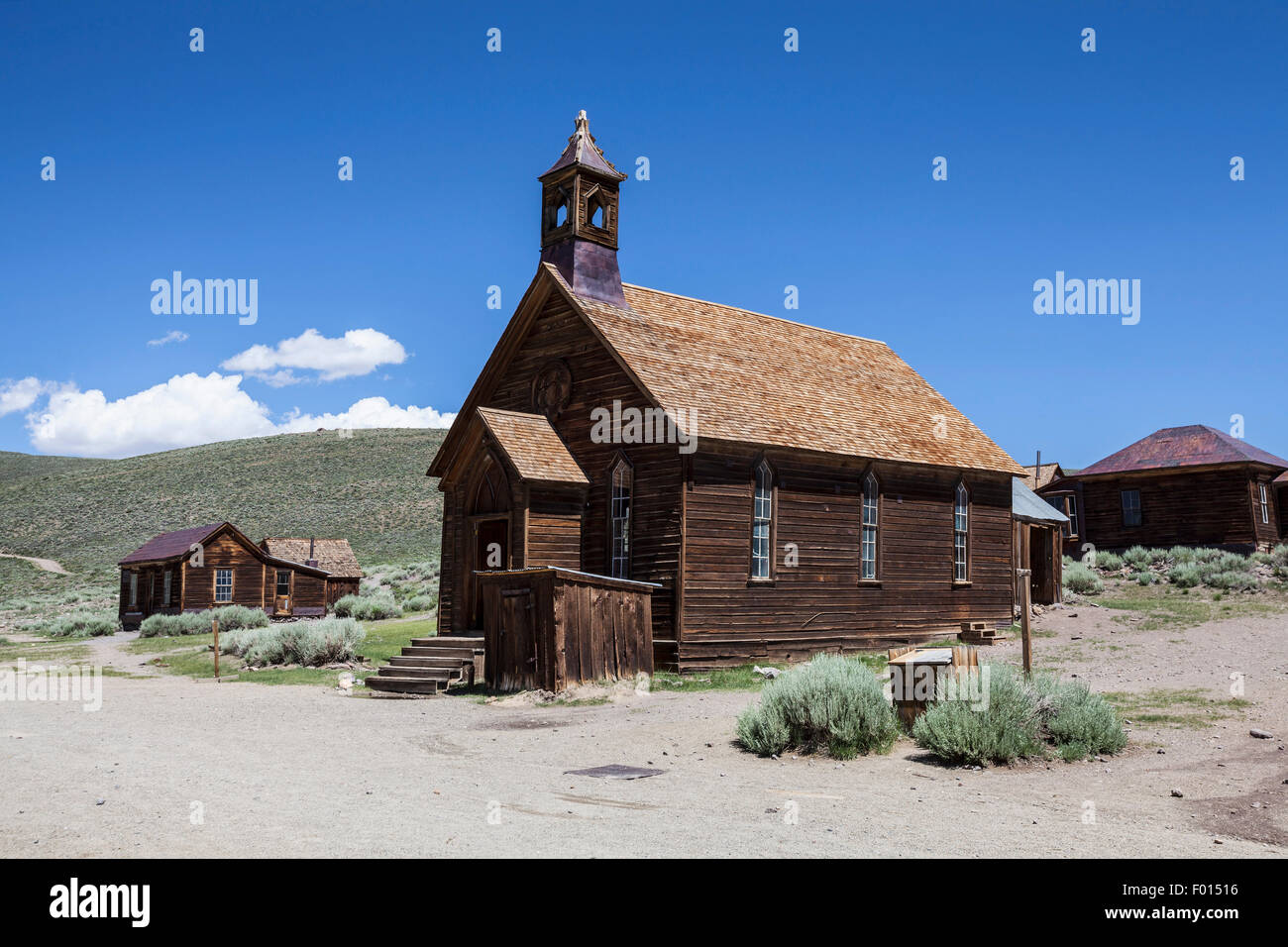 Wild west ghost town church and other buildings at Bodie State Historic park in California. Stock Photo