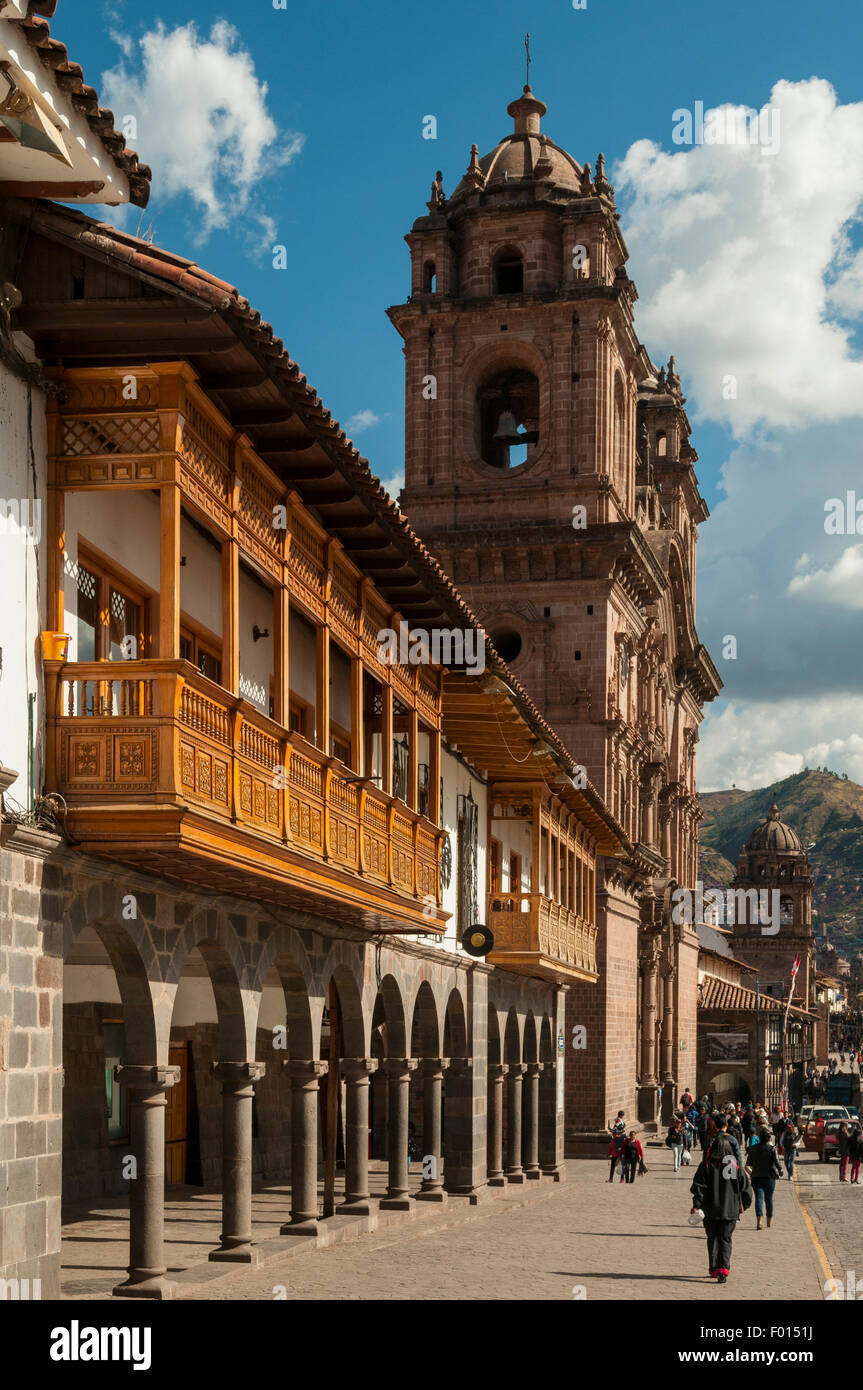 Colonial Balconies on Plaza de Armas, Cuzco, Peru Stock Photo