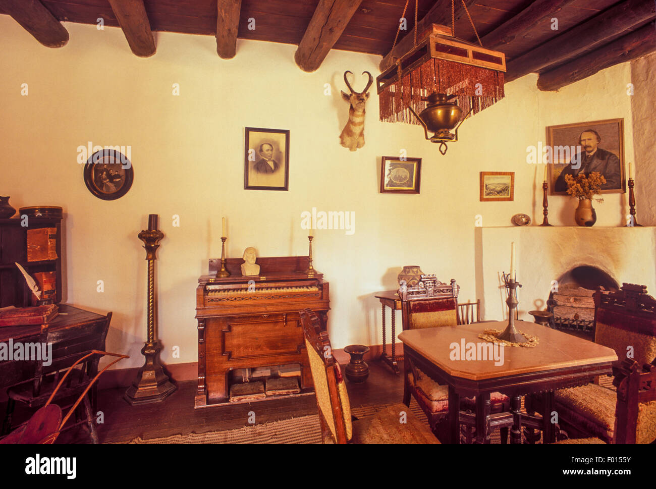 living room, Kit Carson House, Taos, New Mexico Stock Photo