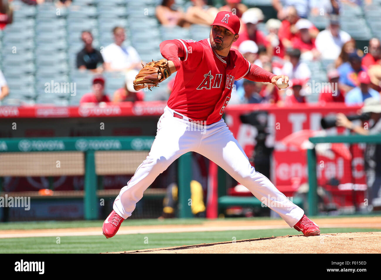 August 5, 2015: Los Angeles Angels starting pitcher Hector Santiago (53) makes the start for the Angels in the game between the Cleveland Indians and Los Angeles Angels of Anaheim, Angel Stadium in Anaheim, CA, Photographer: Peter Joneleit/Cal Sport Media Stock Photo