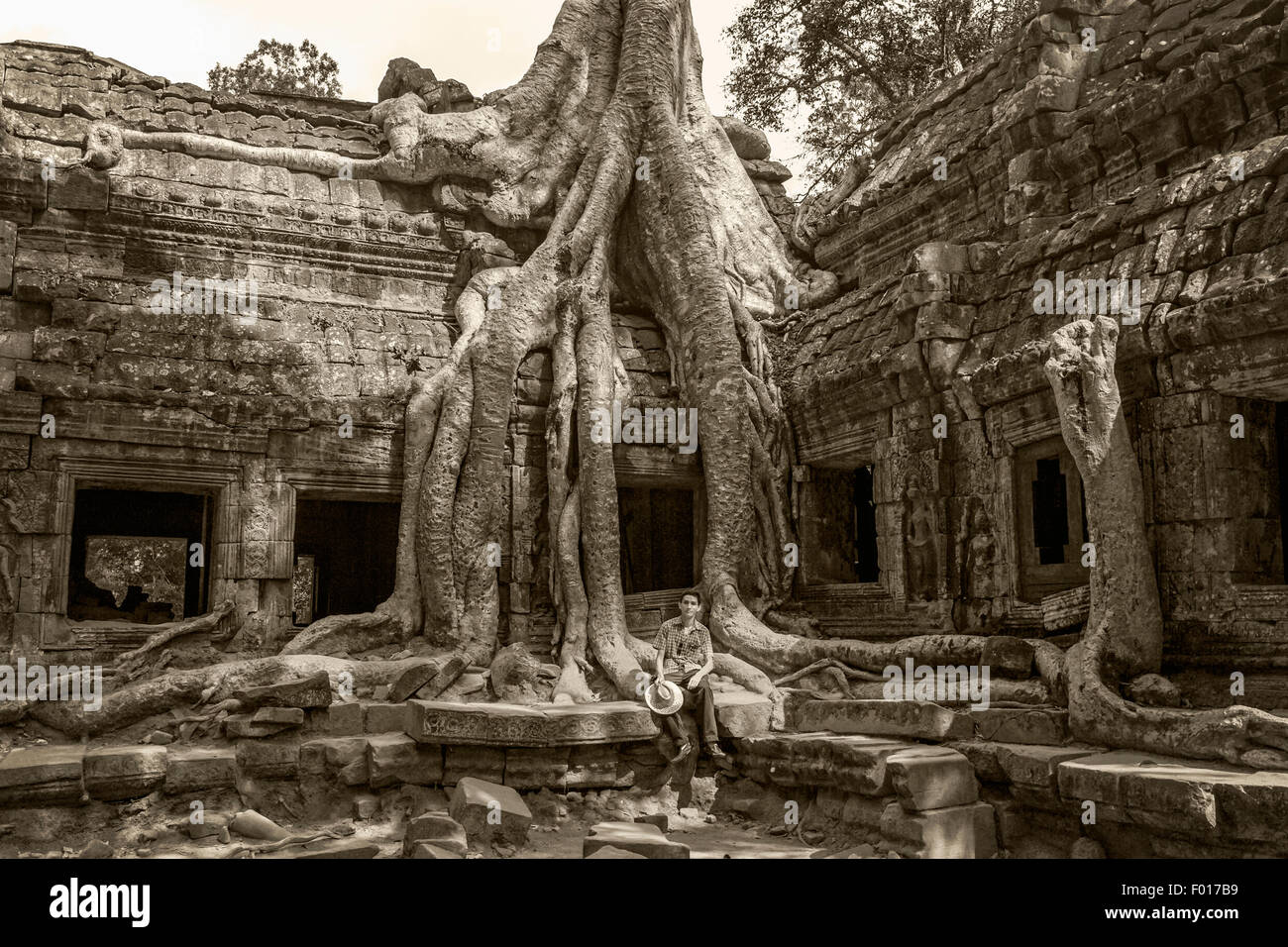 Strangler fig over growing temple in Ta Prohm Temple, Cambodia Stock Photo