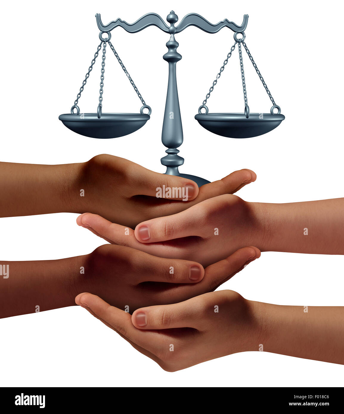 Community legal assistance concept with a group of hands representing diverse groups of people cooperating together to provide law and justice support and advice holding a justice scale. Stock Photo