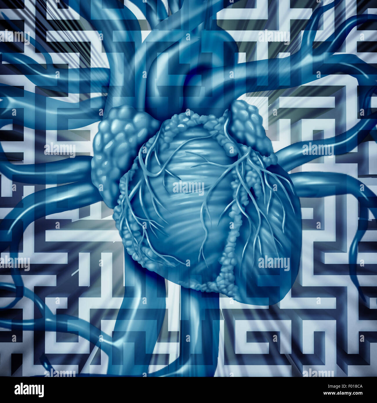 Heart challenge human cardiovascular problems concept on a maze or labyrinth as cardiac dangers of an unhealthy organ risk for medical blood circulation resulting in a heart attack. Stock Photo