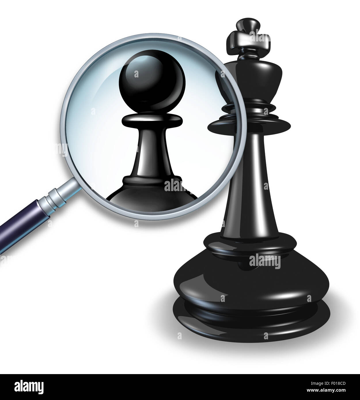 Not a leader business concept with a chess game king and a magnifying glass showing a change to a pawn follower or employee figure as a symbol of failed leadersip and lack of management skill. Stock Photo