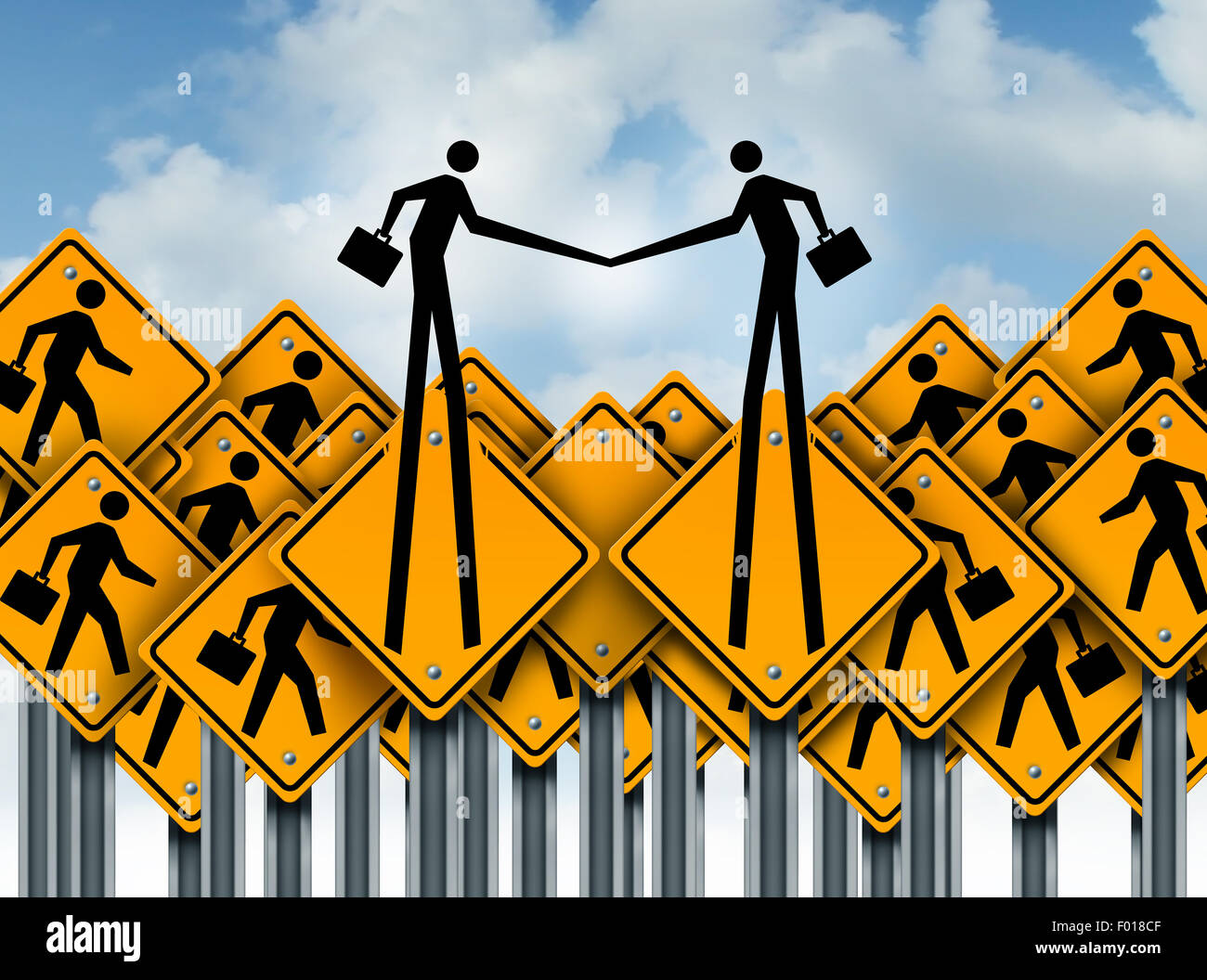 Partnership success and group cooperation concept as a team of worker crossing traffic signs with two businessman icons breaking Stock Photo