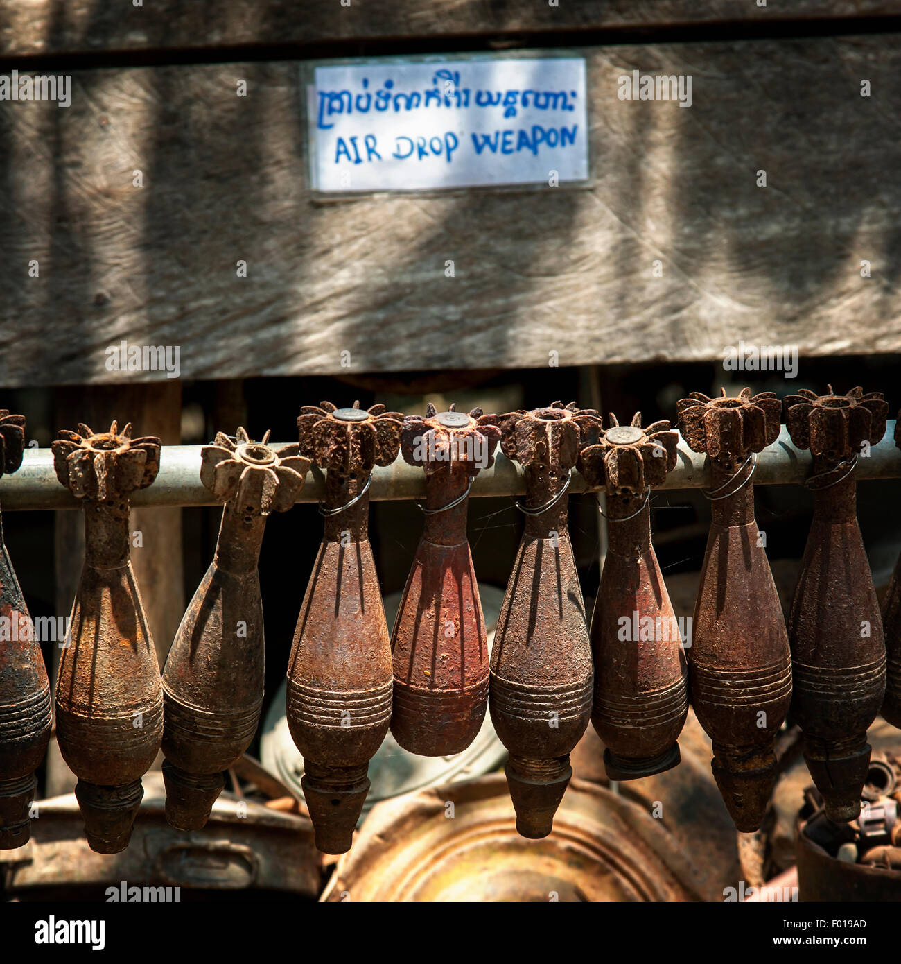 Display of air Drop weapons from the Land Mine Museum in Siem Reap, Cambodia Stock Photo