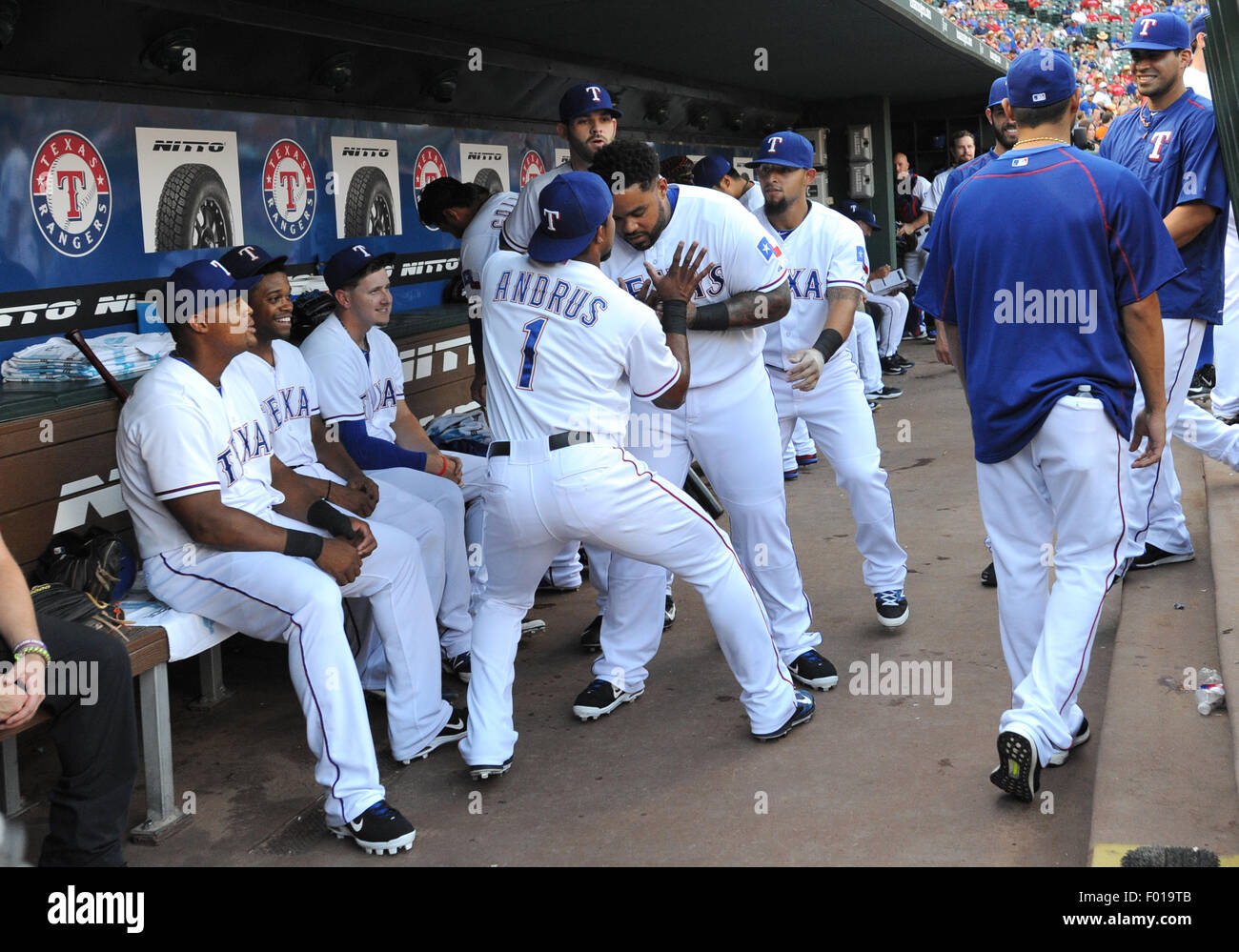 AUG 04, 2015: Texas Rangers shortstop Elvis Andrus #1 jokes around with ...