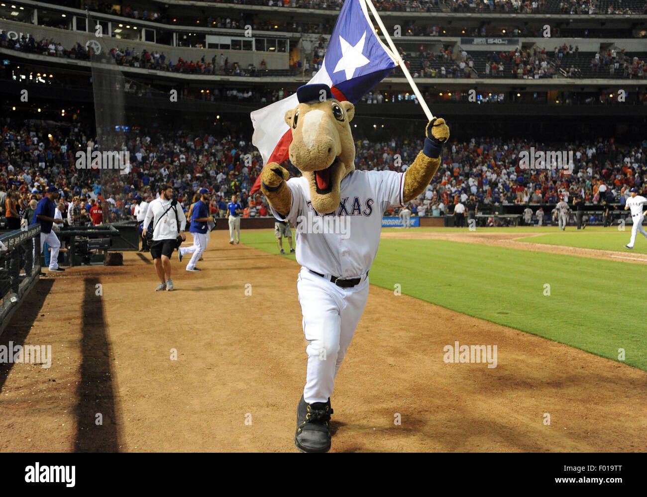 AUG 04, 2015: Texas Rangers mascot Captain celebrates a win after