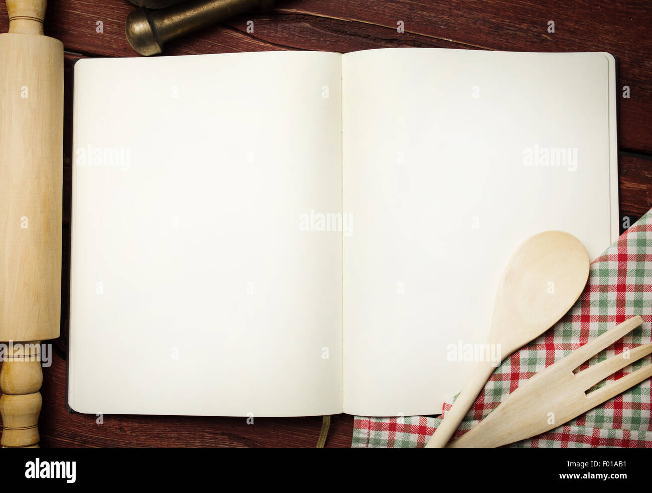 Open Blank Cookbook. Antique Recipe Book on White Table Stock