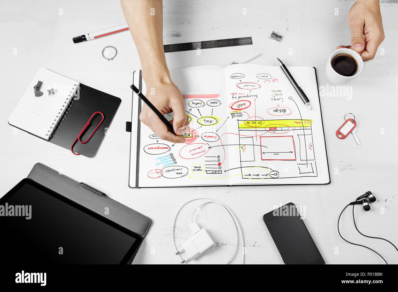 Workplace. Man working on notepad with hand drawn website project Stock ...