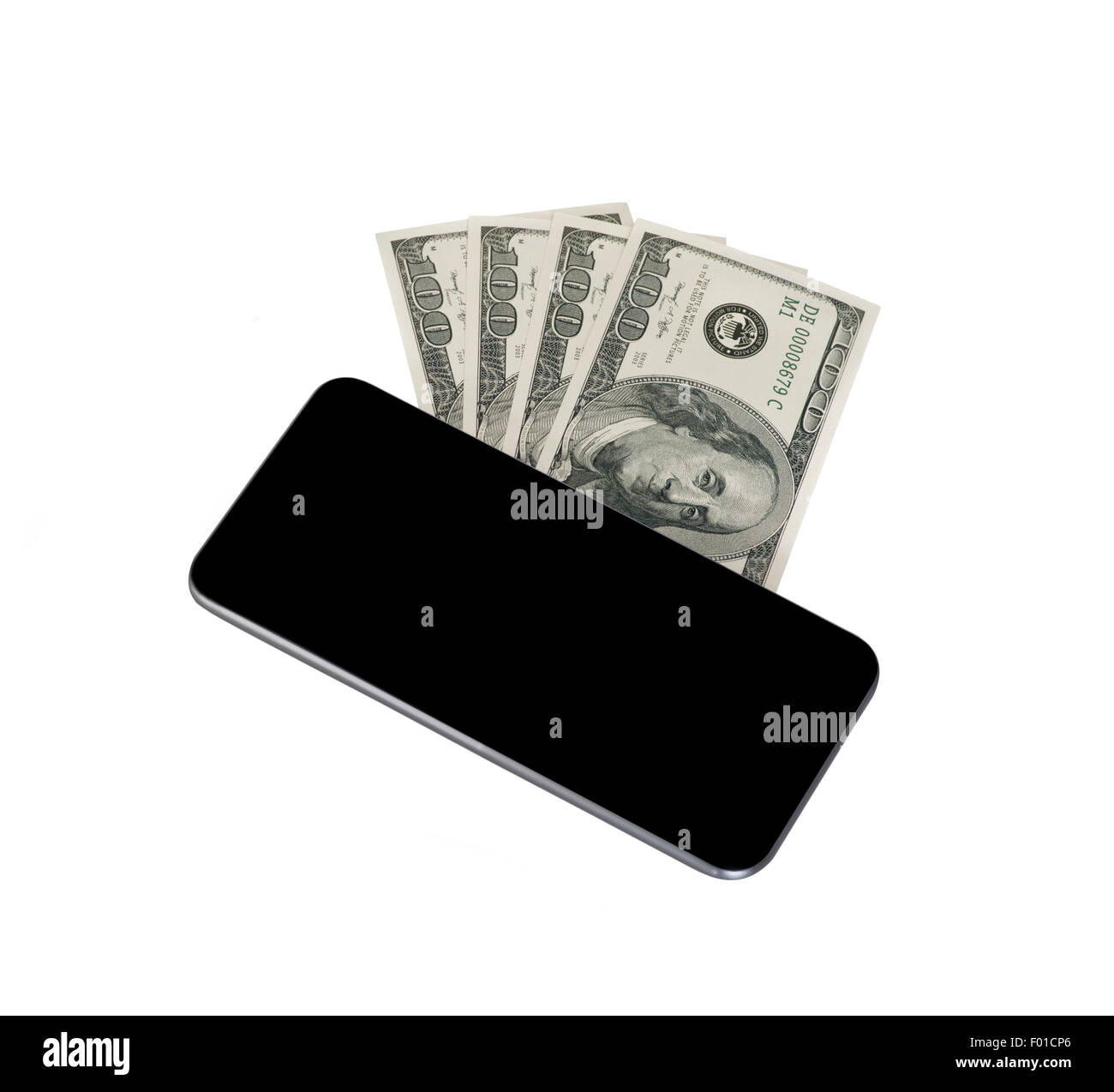 Smart phone and hundred of dollar bills Stock Photo