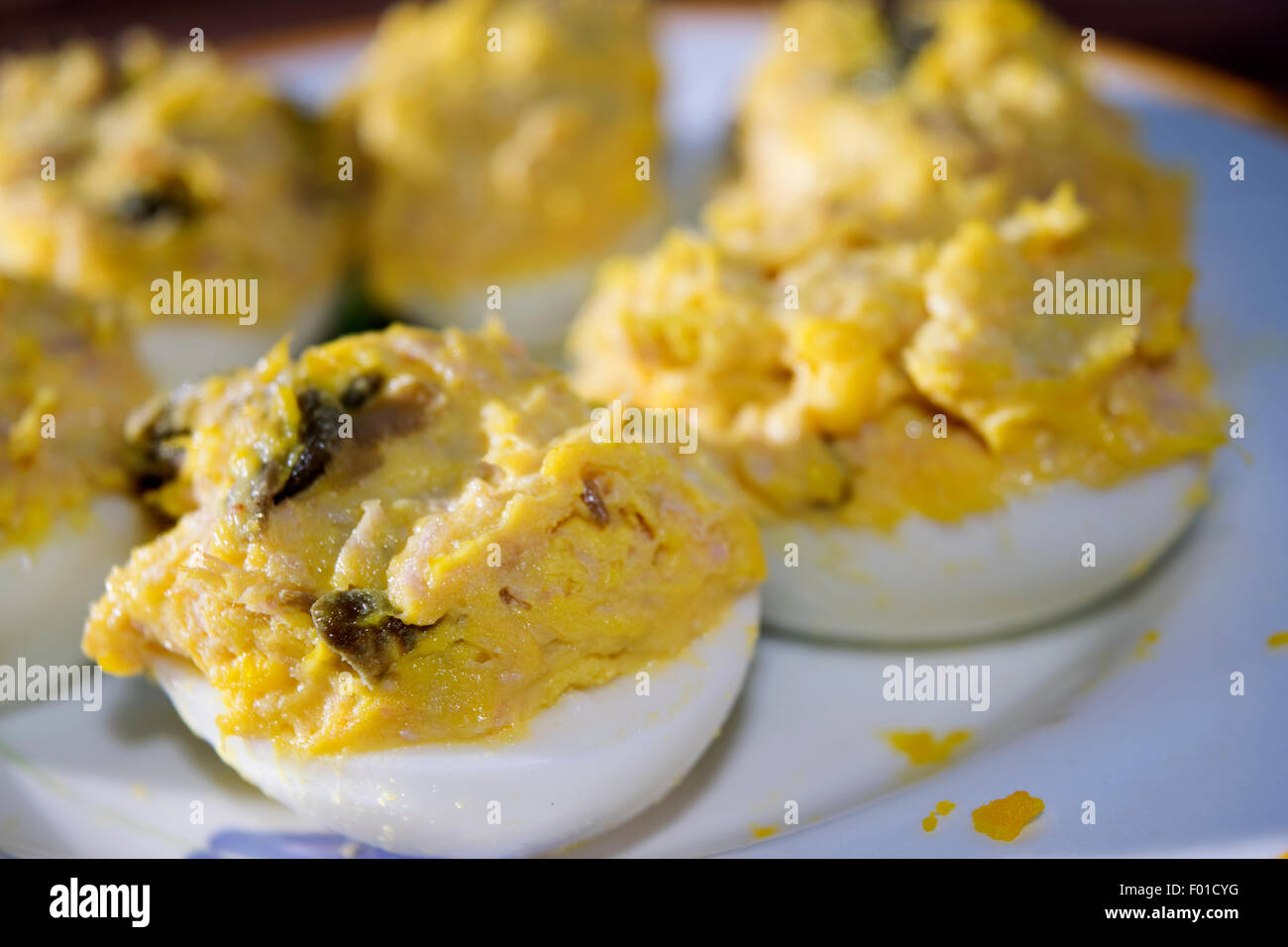boiled eggs filled with a filling of tuna and mayonnaise Stock Photo