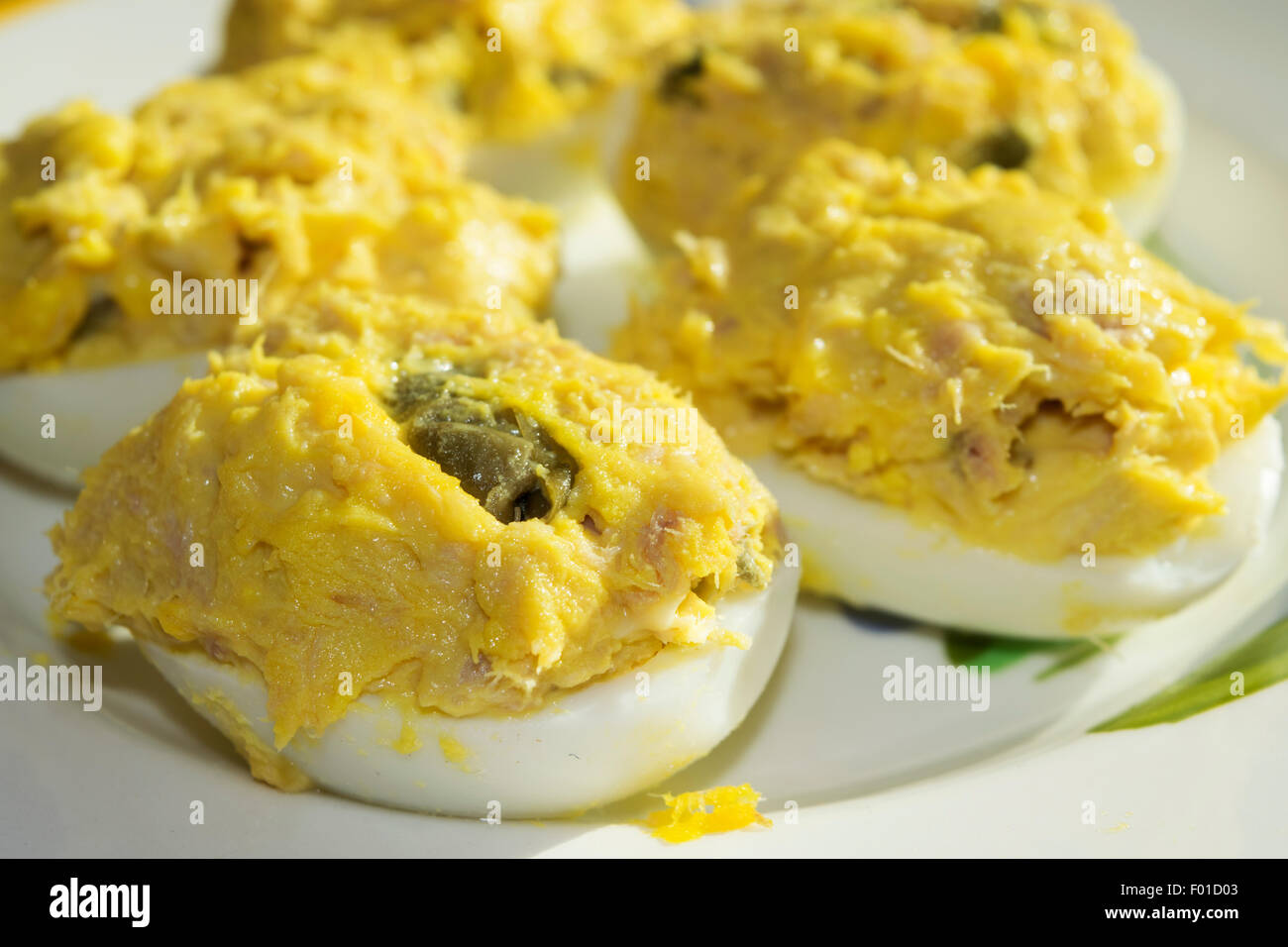 boiled eggs filled with a filling of tuna and mayonnaise Stock Photo