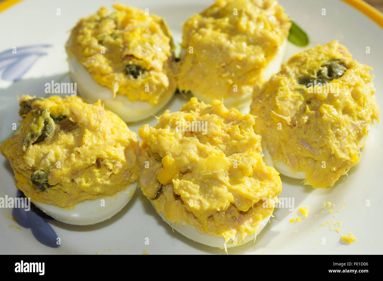 boiled eggs filled with a filling of tuna and mayonnaise Stock Photo