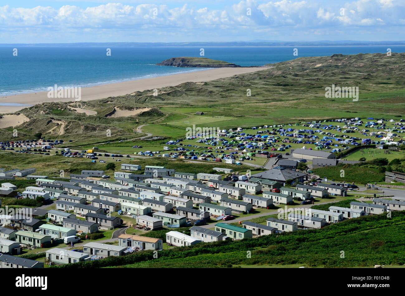 Static caravan and camping  site  Llangennith beach from Rhossili Down Gower Peninsula Glamorgan Wales Cymru UK GB Stock Photo