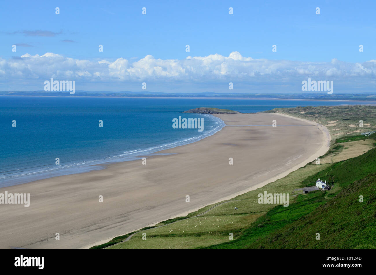 Long sweep of Rhossili Beach from Bream Down Gower Peninsula Glamorgan Wales Cymru UK GB Stock Photo