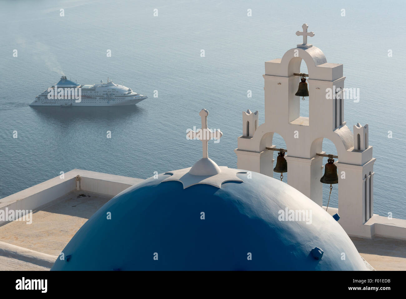 Blue Dome and Bell-tower of Firostefani Church, Santorini, Greece Stock Photo