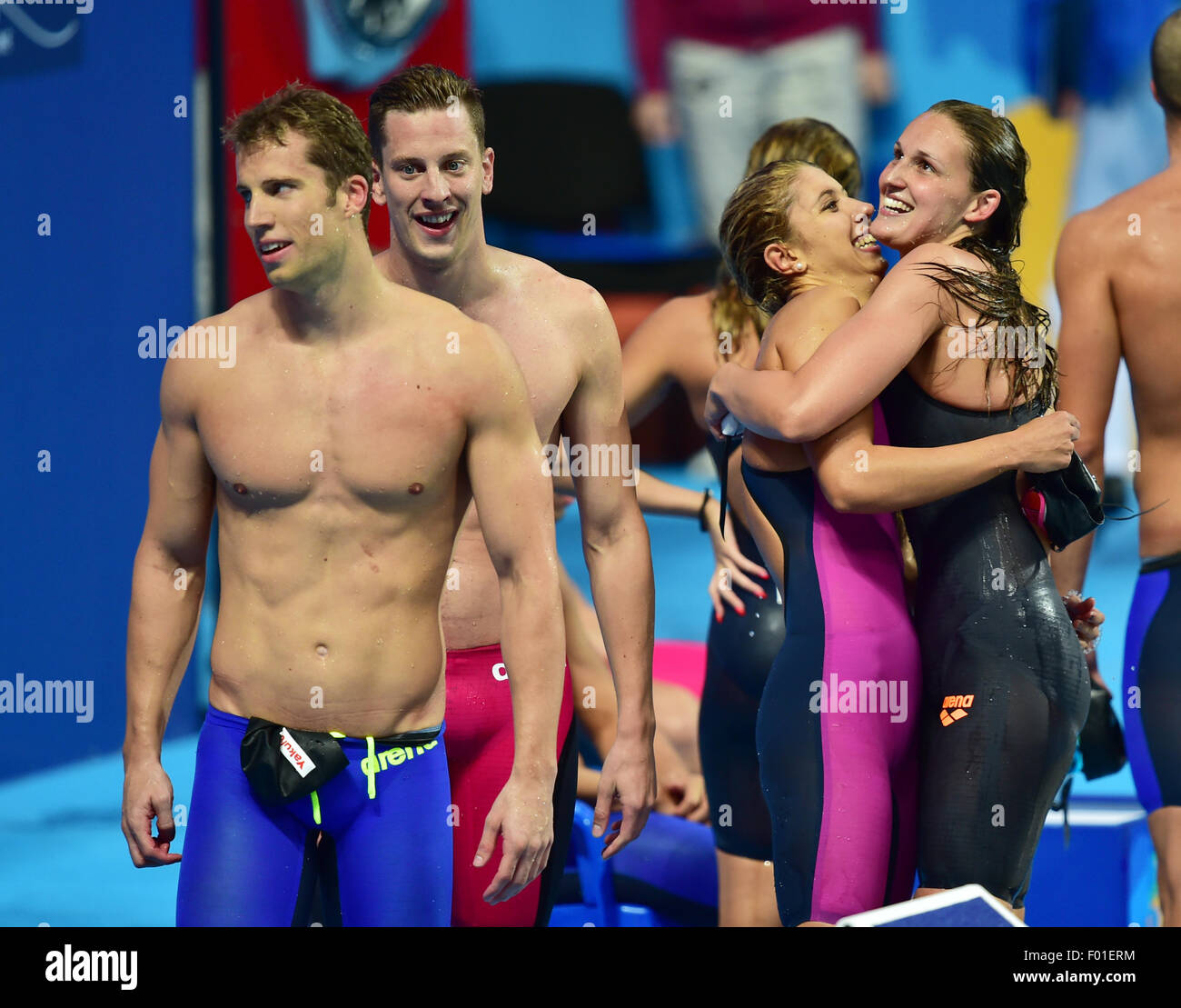 Kazan, Russia. 05th Aug, 2015. Bronze medalist's Annika Bruhn (R-L), Alexandra Wenk, Jan-Philip Glania and Hendrik Feldwehr of Germany celebrate after the Mixed 4x100m Medley Relay final of the 16th FINA Swimming World Championships at Kazan Arena in Kazan, Russia, 05 August 2015. Photo: Martin Schutt/dpa/Alamy Live News Stock Photo