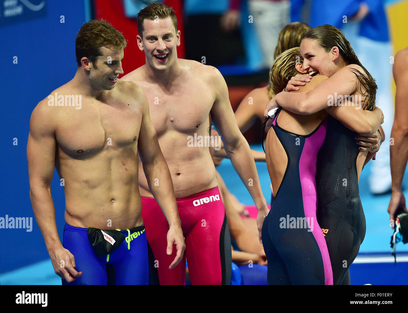 Kazan, Russia. 05th Aug, 2015. Bronze medalist's Annika Bruhn (R-L), Alexandra Wenk, Jan-Philip Glania and Hendrik Feldwehr of Germany celebrate after the Mixed 4x100m Medley Relay final of the 16th FINA Swimming World Championships at Kazan Arena in Kazan, Russia, 05 August 2015. Photo: Martin Schutt/dpa/Alamy Live News Stock Photo