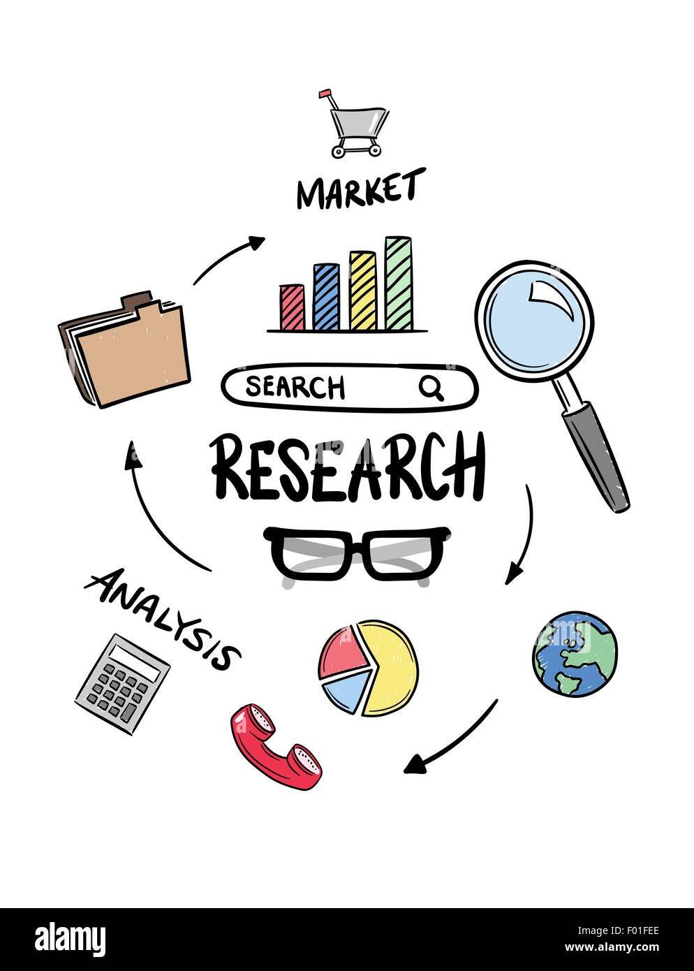 Coloured research icons concept vector against white background Stock ...