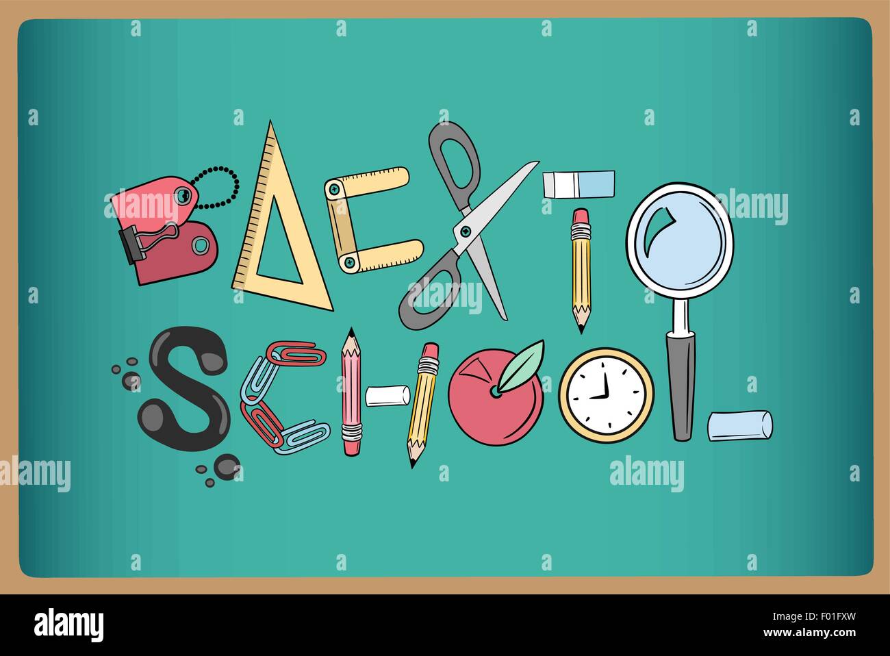 Back to school written with school utensils vector on green chalkboard ...