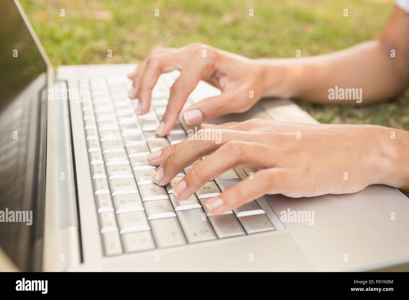 Pretty brunette lying in the grass and using laptop Stock Photo