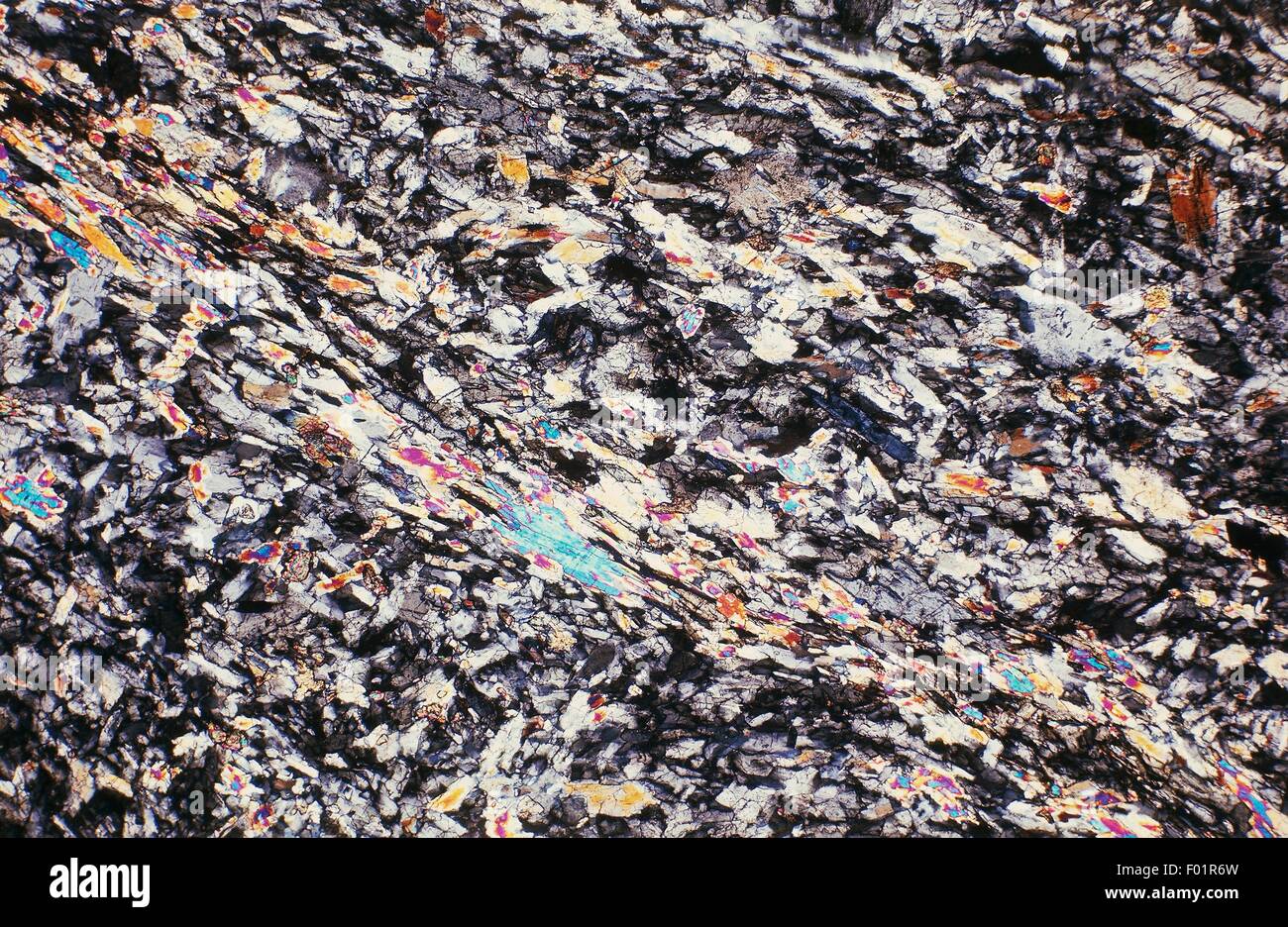 Glaucophane Schist, from Valsesia (Piedmont, Italy), thin section, using crossed Nicols, x22x1,5. Stock Photo