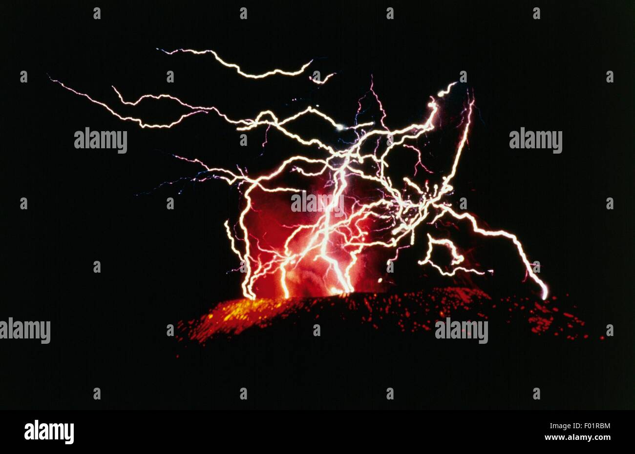 Nighttime eruption of Galunggung Volcano, Java island, Indonesia. Stock Photo