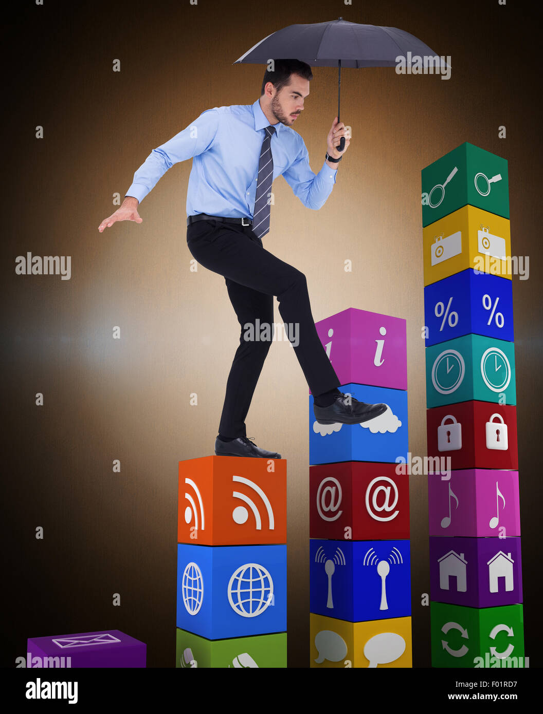 Composite image of focused businessman holding umbrella and balancing ...