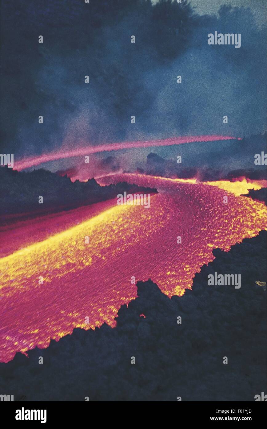 Italy - Sicily Region - Mount Etna Volcano. Eruption. Lava stream Stock