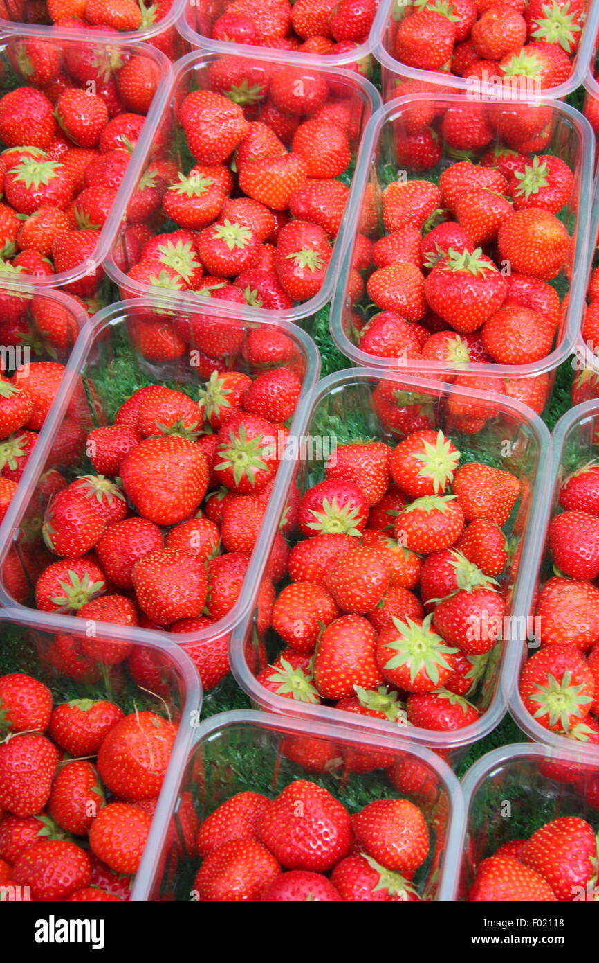 of strawberries for sale on an English outdoor market, England