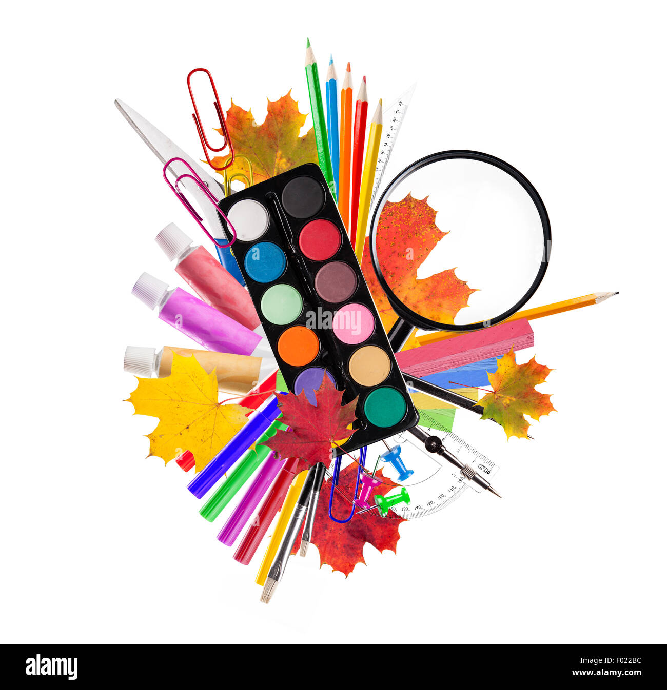 School accessories on white background Stock Photo Alamy