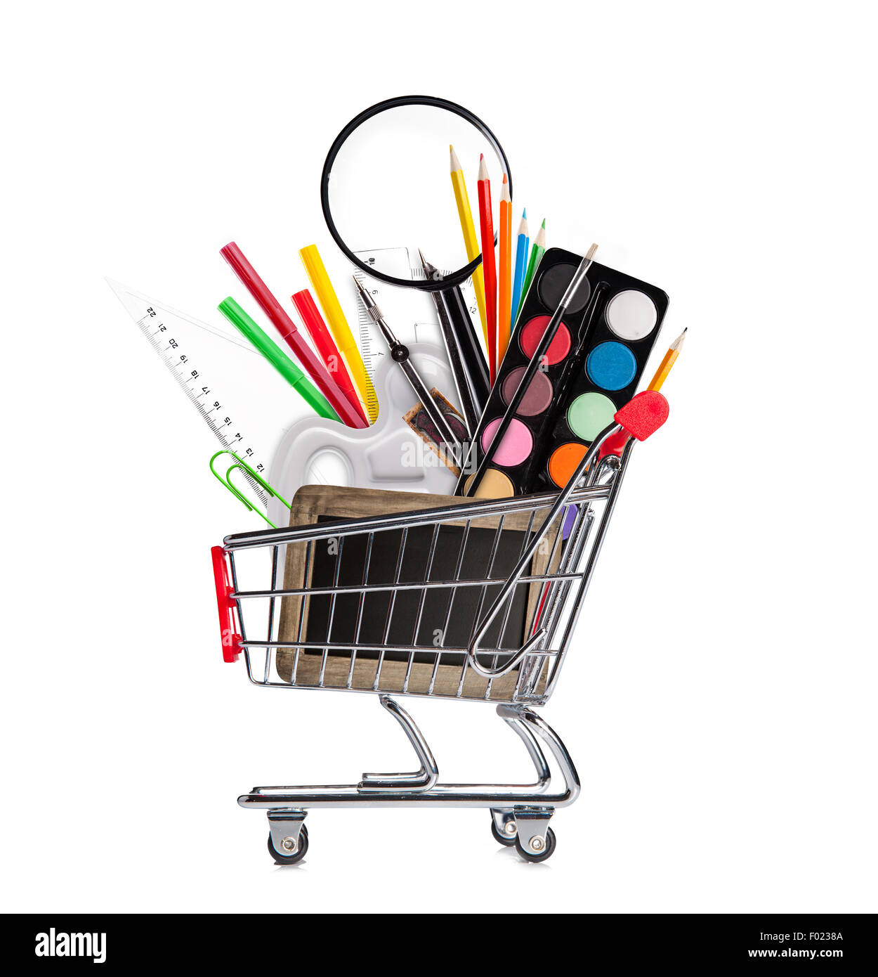 School accessories in shopping basket Stock Photo Alamy