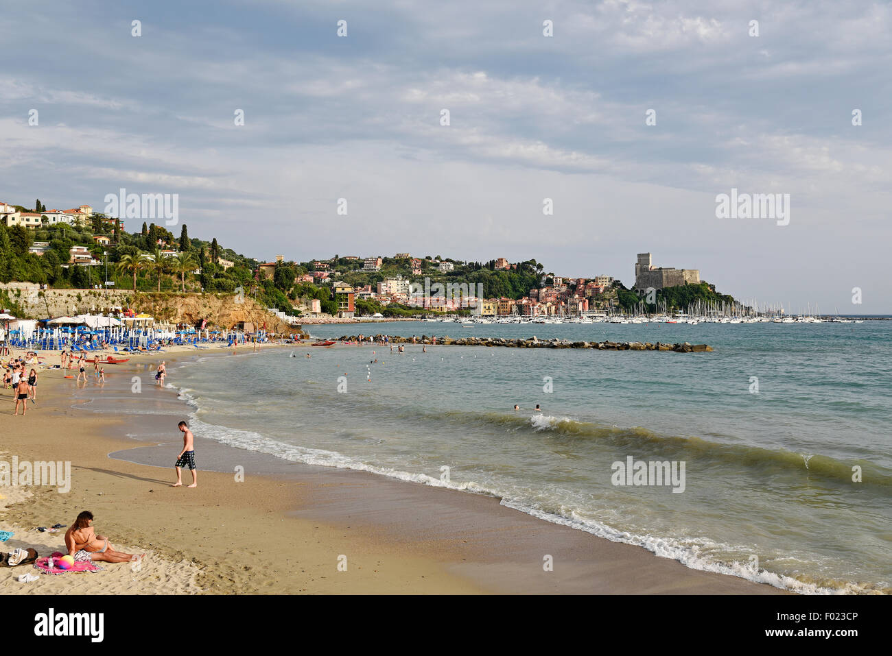 Beach, marina, castle, Lerici, La Spezia Province, Liguria, Italy Stock Photo