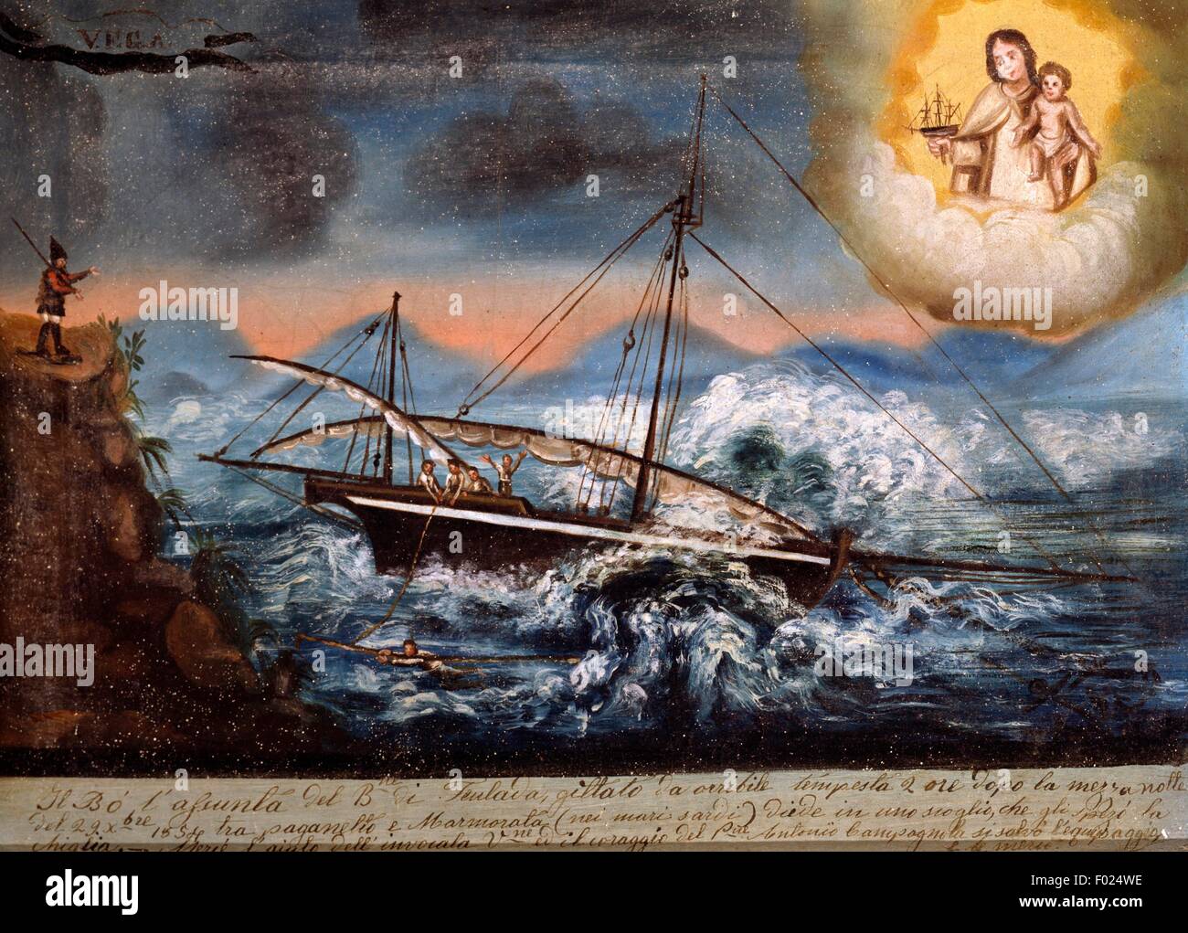 Sailing ship on a stormy sea, seafaring ex voto, Italy, 1854. Stock Photo