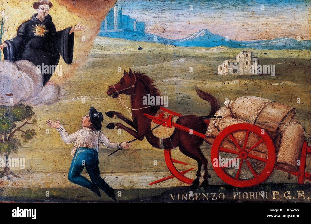 A horse-drawn cart breaking down, ex voto, Basilica of Saint Nicolas, Tolentino, Marche, 19th century. Stock Photo