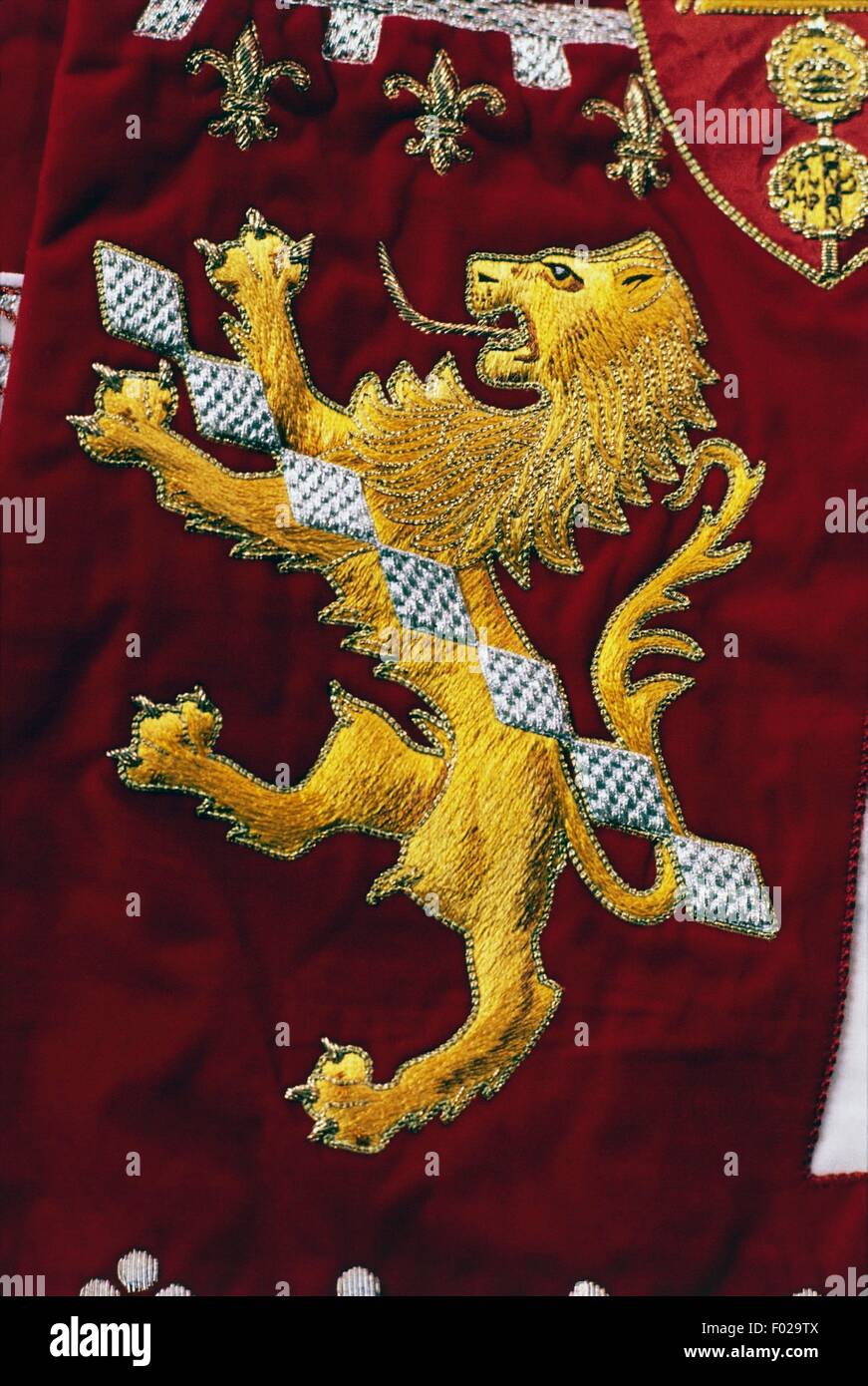 Lion rampant, detail embroidered on a costume, Palio di Siena, Tuscany, Italy. Stock Photo