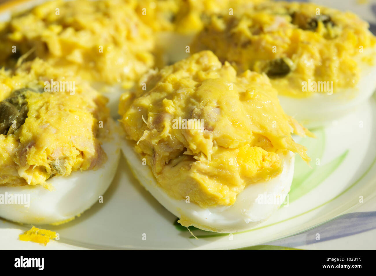boiled eggs filled with a filling of tuna and mayonnaise Stock Photo