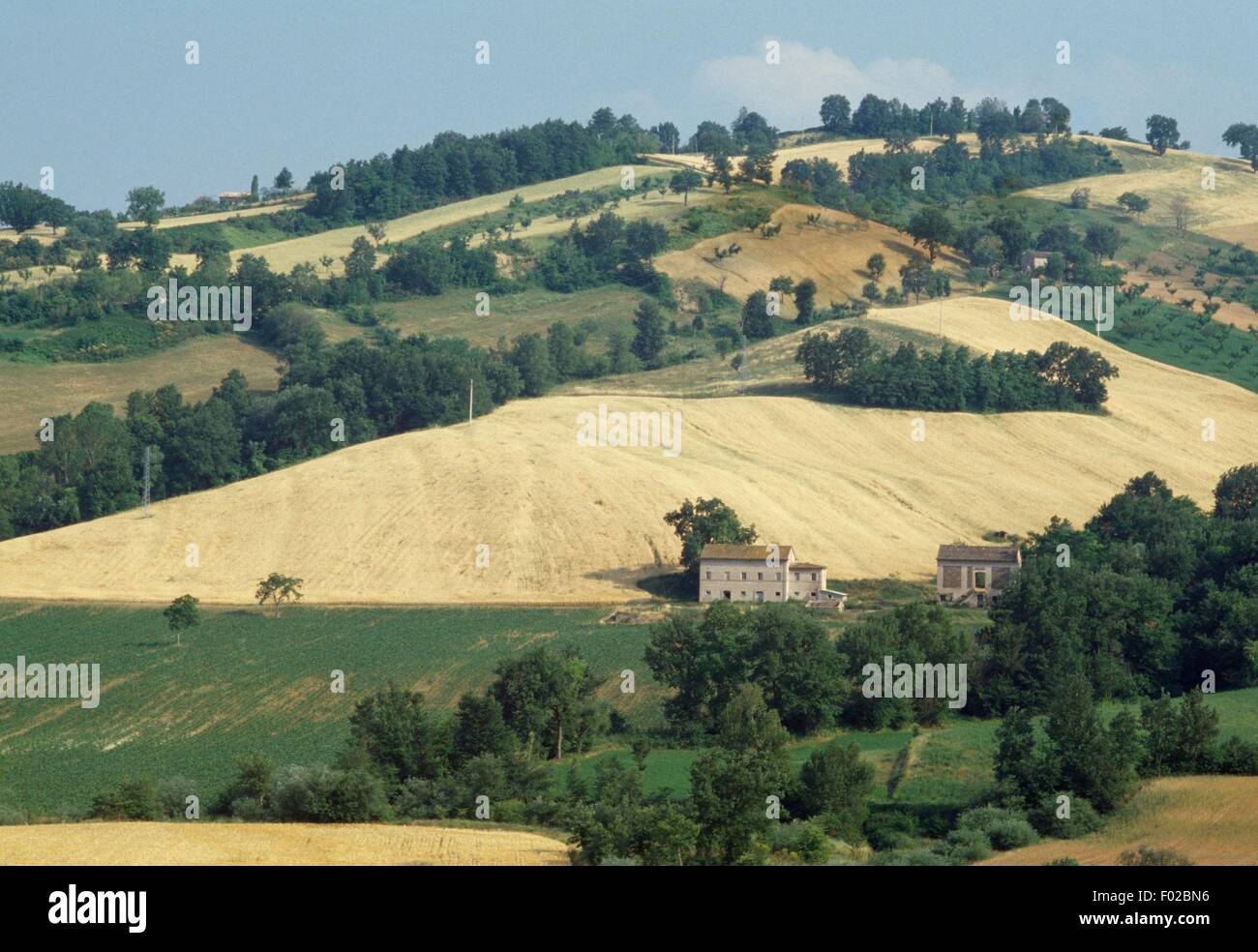 Agricultural landscape between Amandola and Sarnano, Marche, Italy. Stock Photo