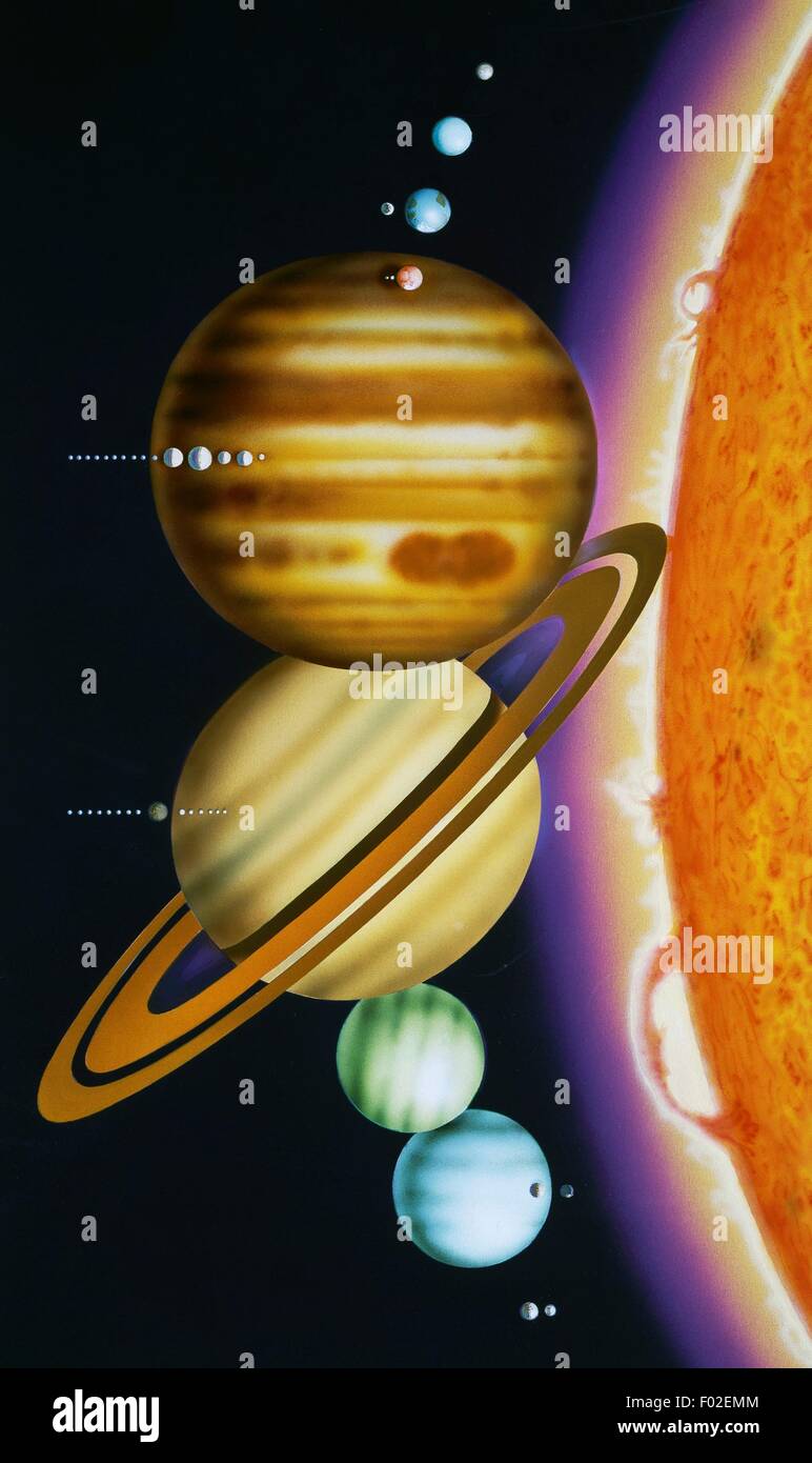 The planets of the solar system with their satellites and proportions relative to the Sun, illustration. Stock Photo