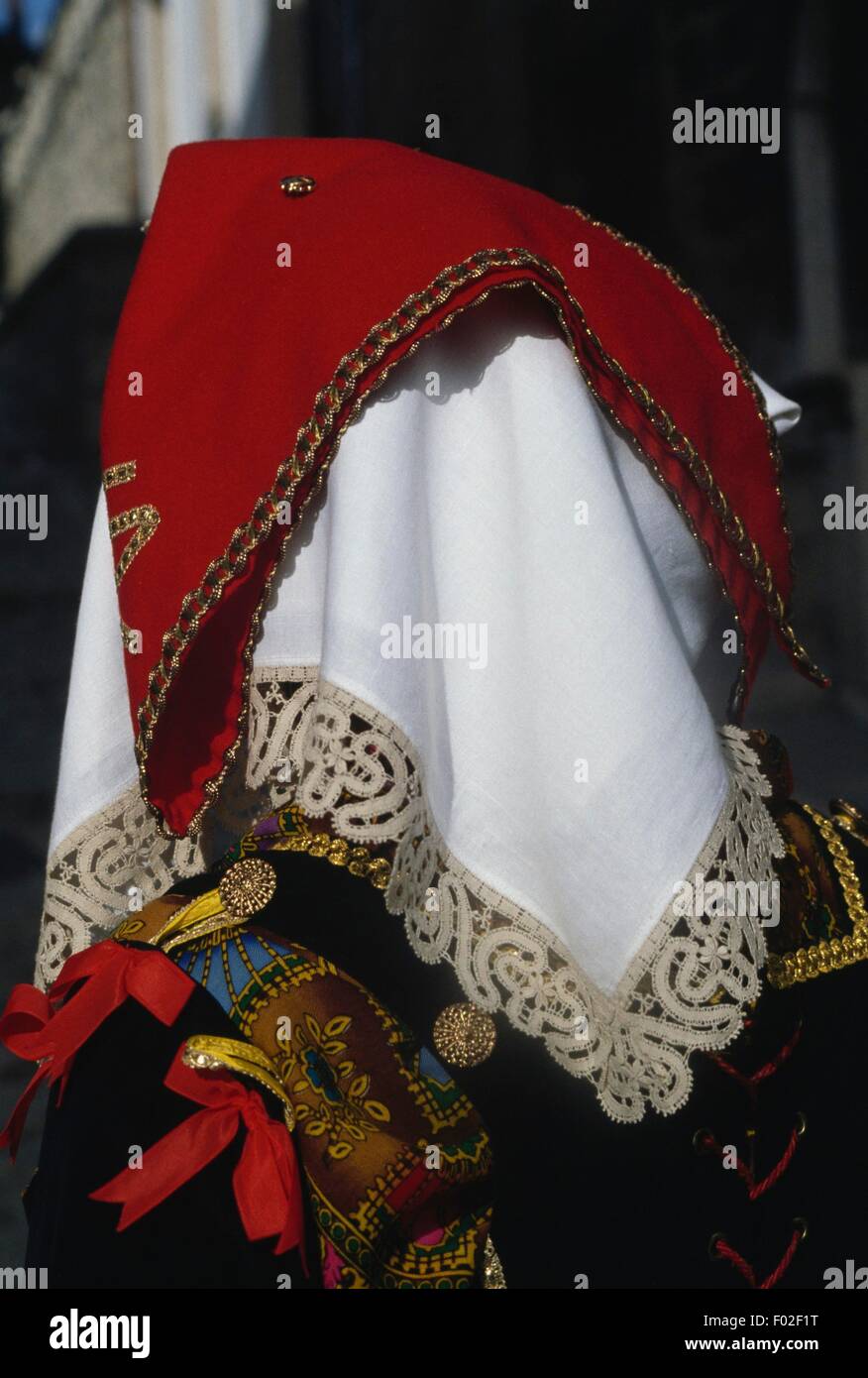 Detail of the large handkerchief used as traditional headpiece for women's costumes, Pescocostanzo, Abruzzo, Italy. Stock Photo