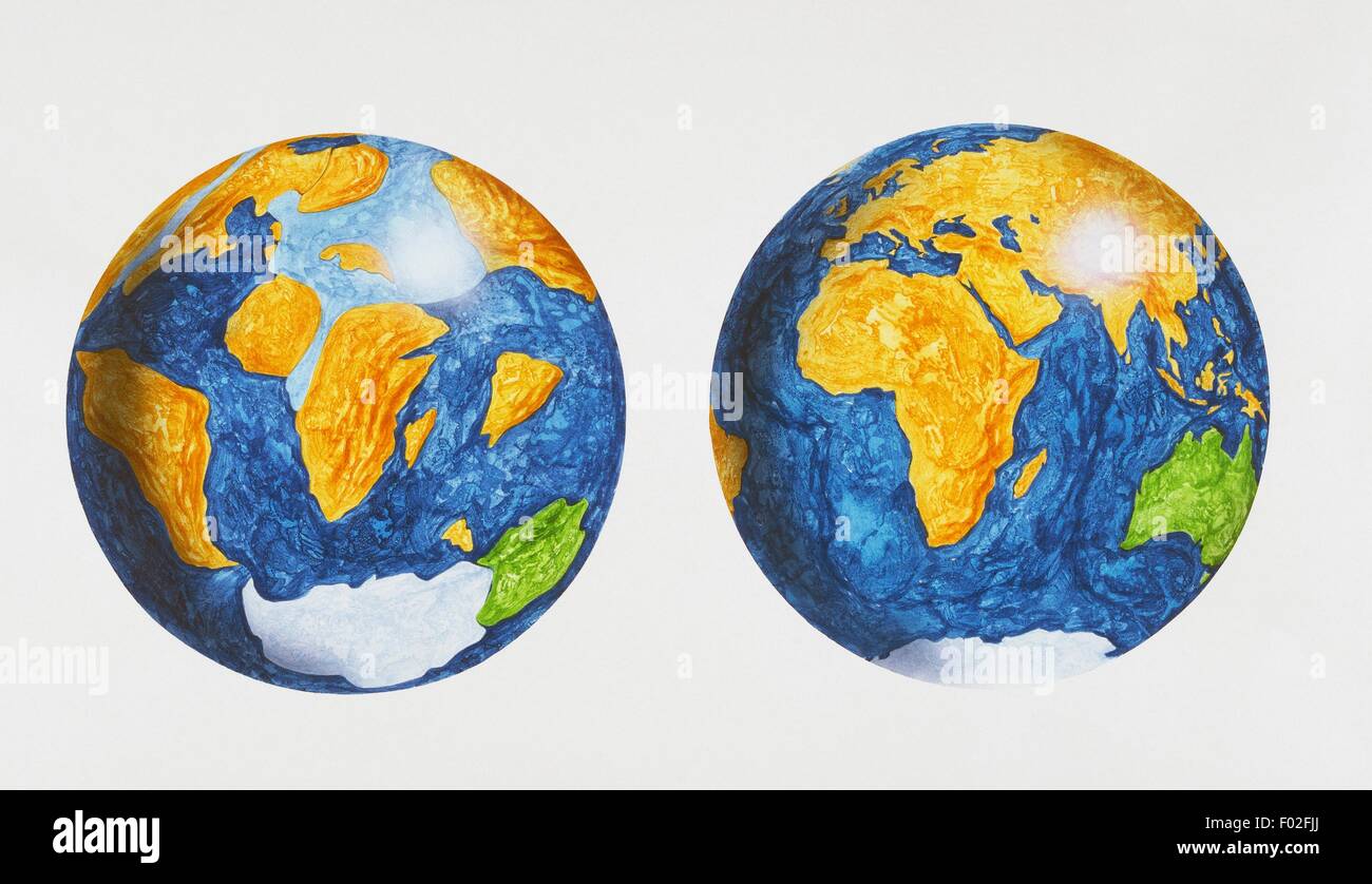 The continents at the end of the Cretaceous and as they are today. Artwork by Andrew Farmer. Stock Photo