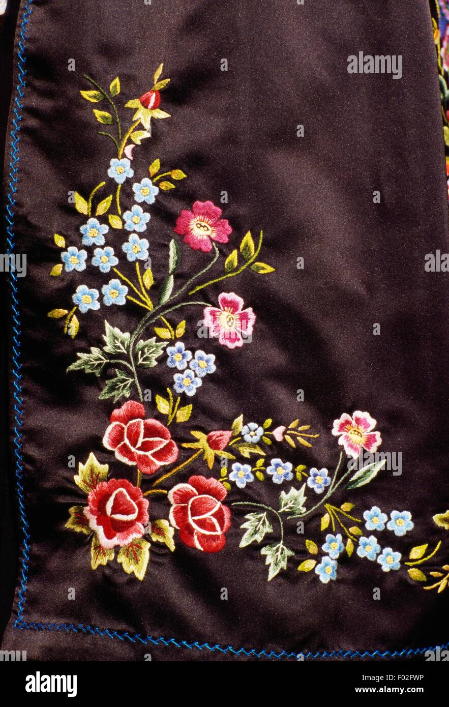 Embroidery on the skirt of a traditional costume, Forno, Valstrona, Piedmont, Italy. Stock Photo